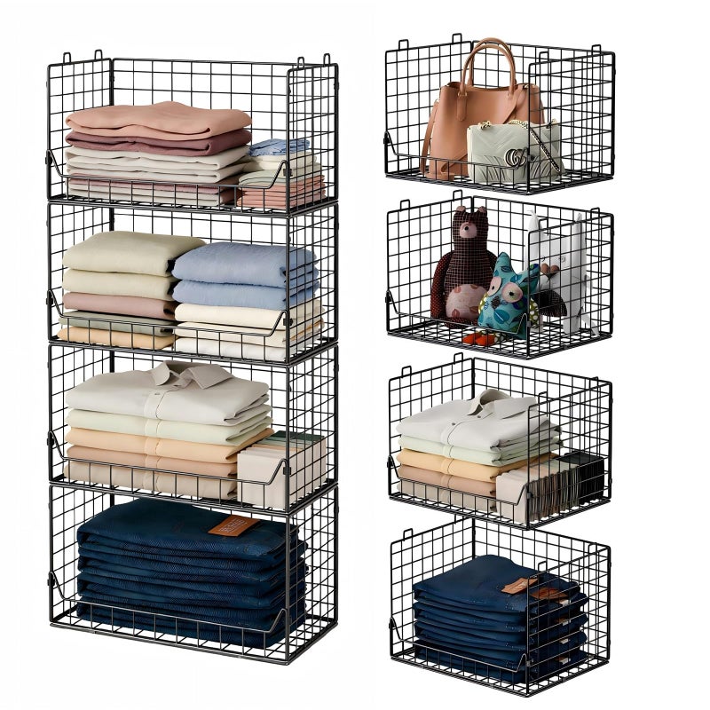 Jakyitvi 4-Tier Extra Height Stackable Closet Organizer â€“ Foldable Storage Bins for Sweaters, Jeans, and Clothes â€“ Sturdy Iron Mesh Shelves for Neat and Efficient Closet Storage â€“ Black - Image 1