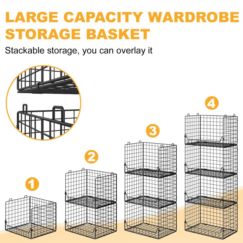 Jakyitvi 4-Tier Extra Height Stackable Closet Organizer â€“ Foldable Storage Bins for Sweaters, Jeans, and Clothes â€“ Sturdy Iron Mesh Shelves for Neat and Efficient Closet Storage â€“ Black - Image 2