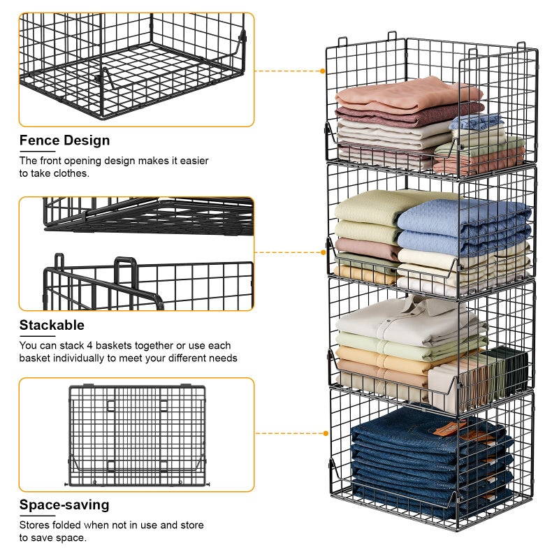 Jakyitvi 4-Tier Extra Height Stackable Closet Organizer â€“ Foldable Storage Bins for Sweaters, Jeans, and Clothes â€“ Sturdy Iron Mesh Shelves for Neat and Efficient Closet Storage â€“ Black - Image 4