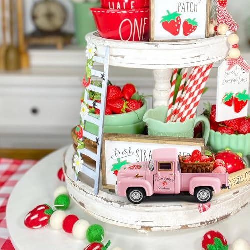 CRAFLOX Strawberry Truck Decoration – Cute Strawberry Car Decor, Spring Summer Vintage Truck Decorations, Tray Farmhouse, Table Kitchen Centerpiece Cake Decorations - Image 2