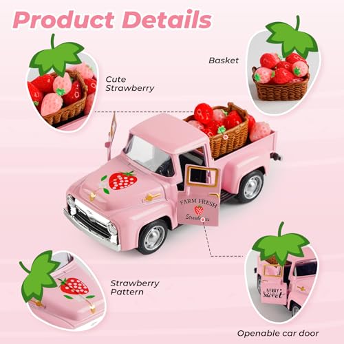 CRAFLOX Strawberry Truck Decoration – Cute Strawberry Car Decor, Spring Summer Vintage Truck Decorations, Tray Farmhouse, Table Kitchen Centerpiece Cake Decorations - Image 4