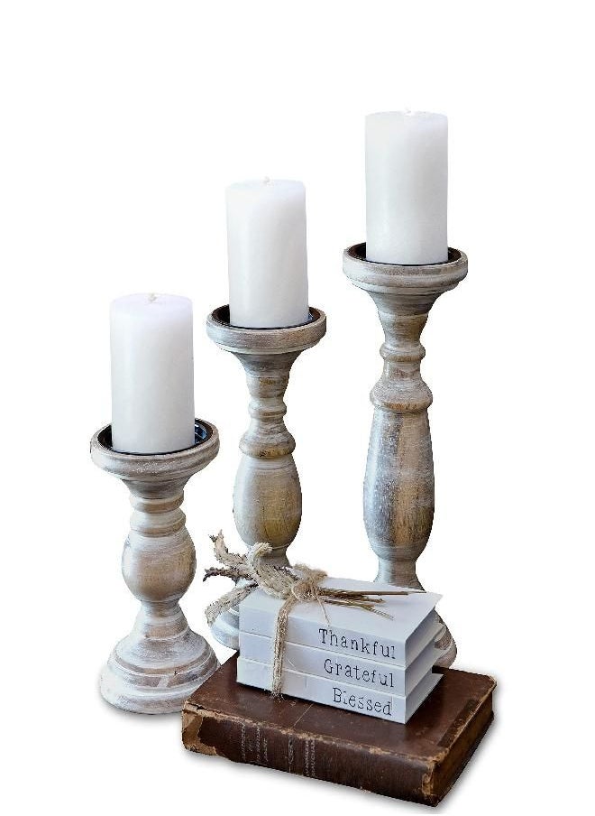 MAINEVENT - Candle Holders for Pillar Candles, Wooden Candleholders Table Centerpiece, Pillar Candle Holders Set of 3, Wood Candle Holders, Rustic Pillar Candle Holder, Farmhouse Candle Holders Fireplace White - Image 1