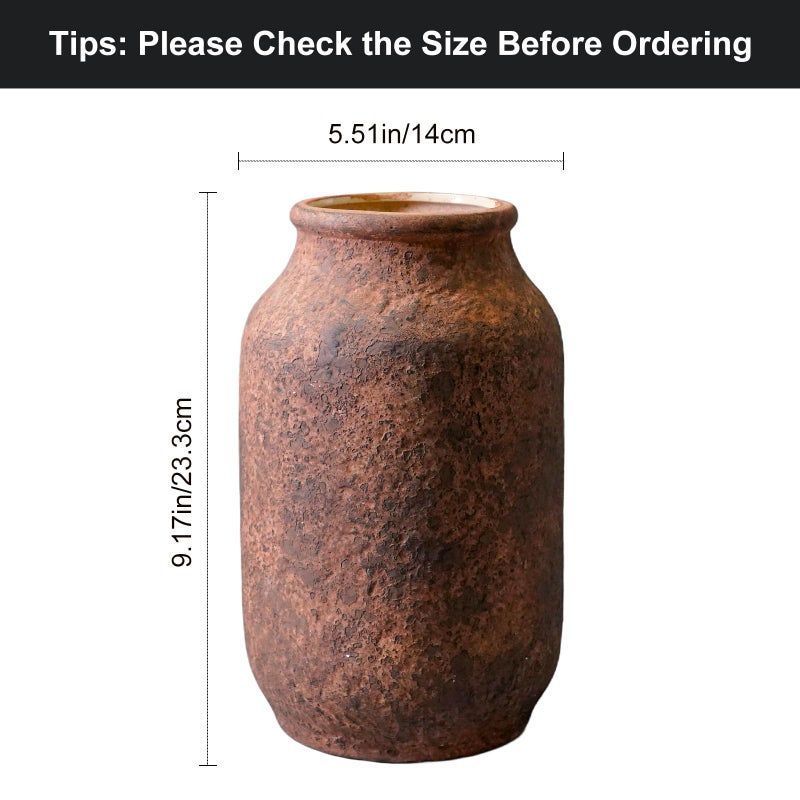Wancetang Terracotta Vase, Large Rustic Ceramic Vase, Farmhouse Decor for Living Room, Shelf, Mantle, Entryway, Room Decor, 9 Inch, Brown - Image 2
