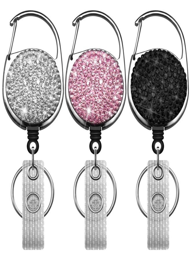 SQEYYGI 3PCS Badge Holder Retractable Clip with Bling Rhinestones Crystal for Women, Sparkly Badge Reel with Belt Clip and Key Ring (White + Pink + Black) - Image 1