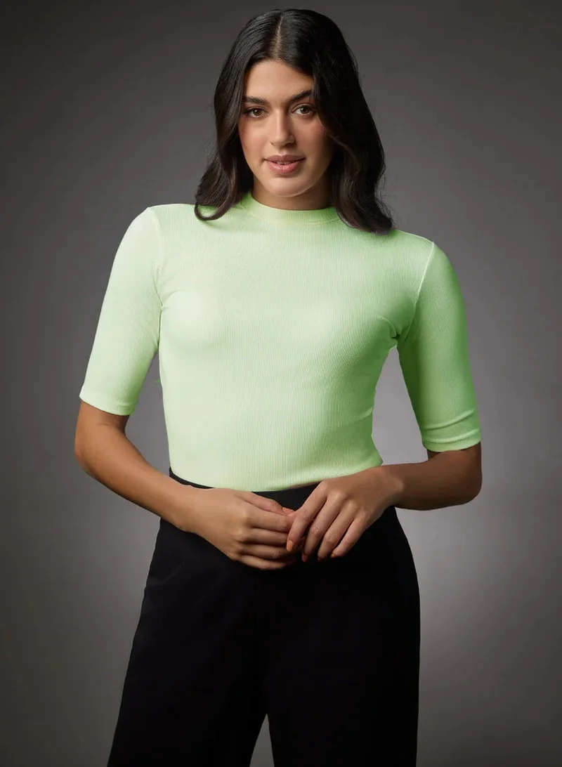 Zigzag Short Sleeve High Neck Rib Top- Electric Green