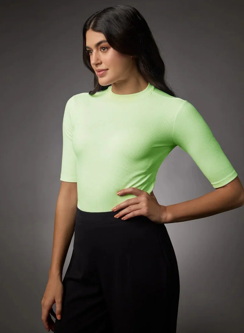 Zigzag Short Sleeve High Neck Rib Top- Electric Green