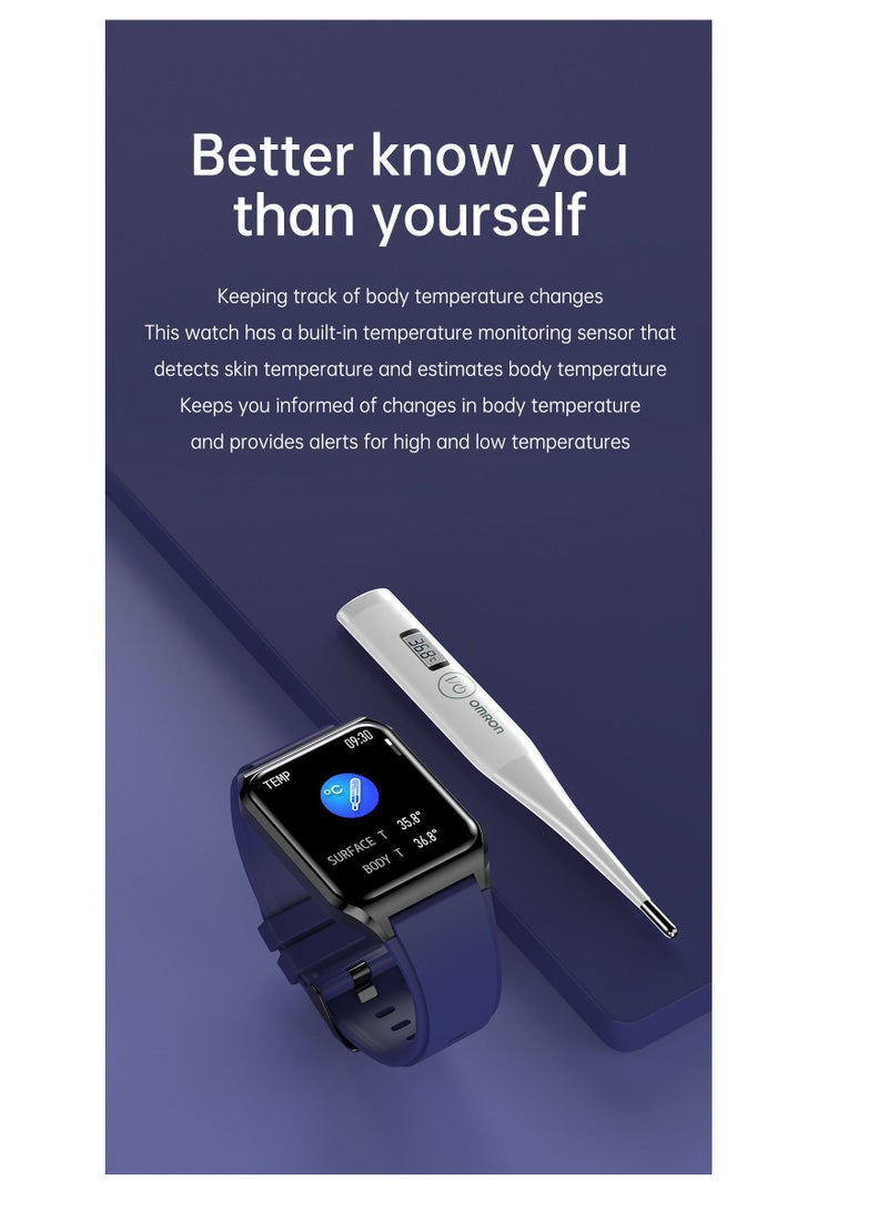 ارواق ساعة ذكية H60 تتصل بدرجة حرارة الجسم ومعدل ضربات القلب ساعة ذكية IP67 مقاومة للماء للياقة البدنية واللياقة البدنية ساعات للرجال والنساء مع حزام سيليكون أزرق من دراك - Image 4