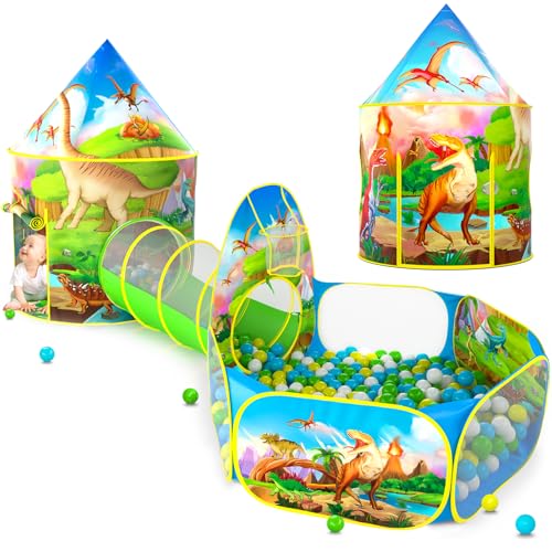 PigPigPen 3pc Dinosaur Play Tent for Kids Baby Ball Pit Crawl Tunnel Castle Tents for Toddlers Children Indoor  Outdoor Playhouse Toys Perfect Kids Gifts - Image 1