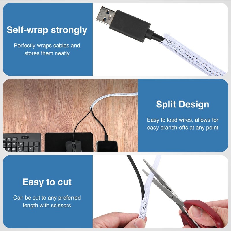 Nilight Cable Sleeve,10ft-1/4inch Cable Management Sleeves, Braided Cable Sleeving, Split Self Wrapping Wire Loom for Computer Cable Electrical Wire Automotive Harness Protector Organizer, White - Image 3
