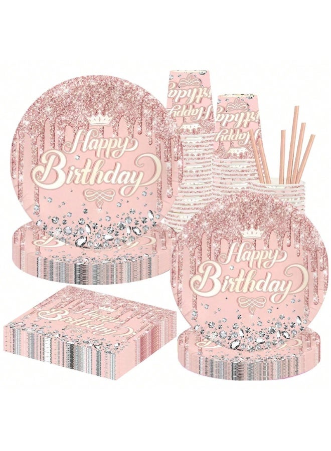 Birthday Party Decoration Set of 50 Pieces Including 10 Plates (7 Inch), 10 Plates (9 Inch), 10 Paper Cups, and 20 Napkins – Elegant Pink Design That Adds a Cheerful Touch to Birthday Celebrations - Image 1