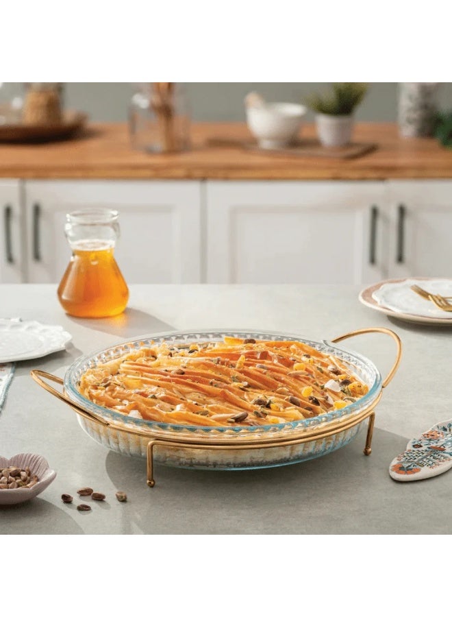 بوركام طاجن فرن زجاجي دائري من بوركام مع حامل معدني ذهبي 31.9 سم 2.95 لتر – أواني تقديم زجاجية مقاومة للحرارة (صنع في تركيا) - Image 2
