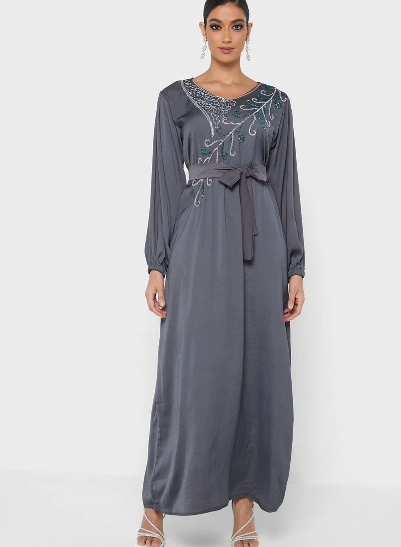 hayas closet Puff Sleeve Embroidered Jalabiya