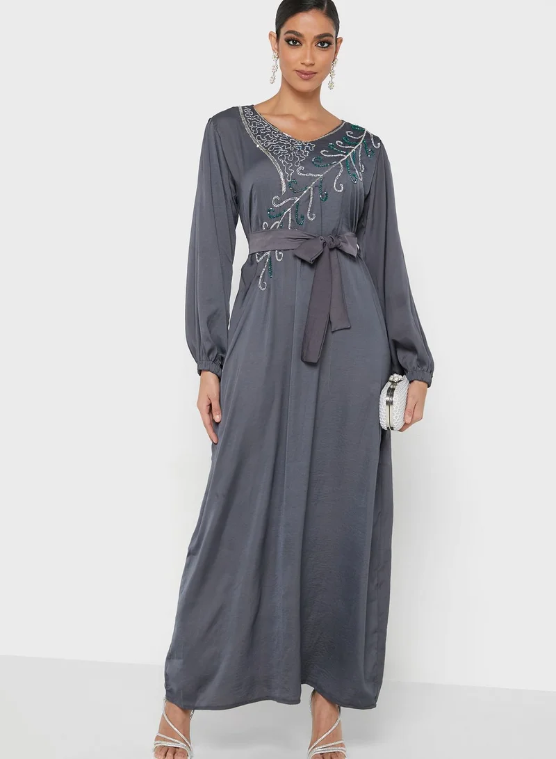 hayas closet Puff Sleeve Embroidered Jalabiya