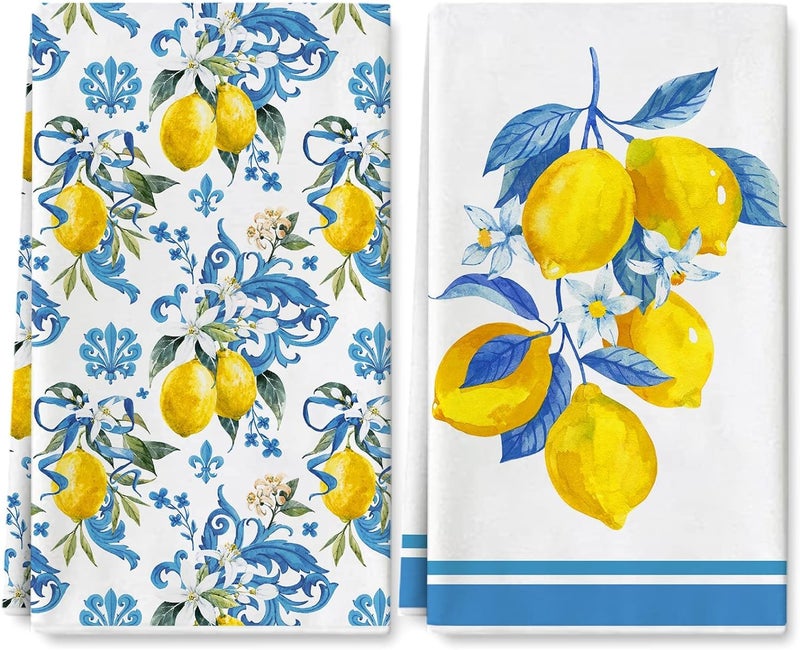 Kitchen Dish Towel 18 x 28 Blue Yellow Lemon Dishcloth Watercolor Farmhouse Decorative Hand Drying Tea Towel for Spring Summer Kitchen Cooking Baking Cleaning 2Pcs