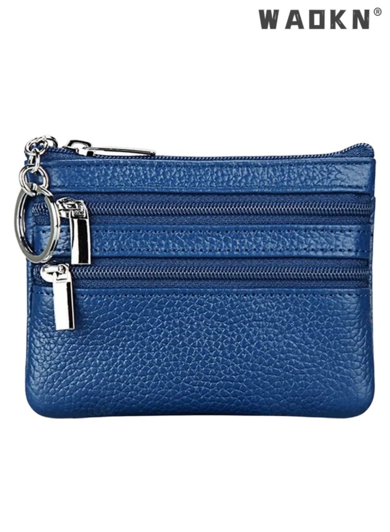 WAOKN Women Ladies Genuine Top Grain Cowhide Leather Mini Wallet, Unisex Zipper Coin Purse with Key Ring, Portable Slim 1-Fold Card Holder for Keys Credit Cards Driver License, Exquisite Stitching Urban Style, blue - Image 1