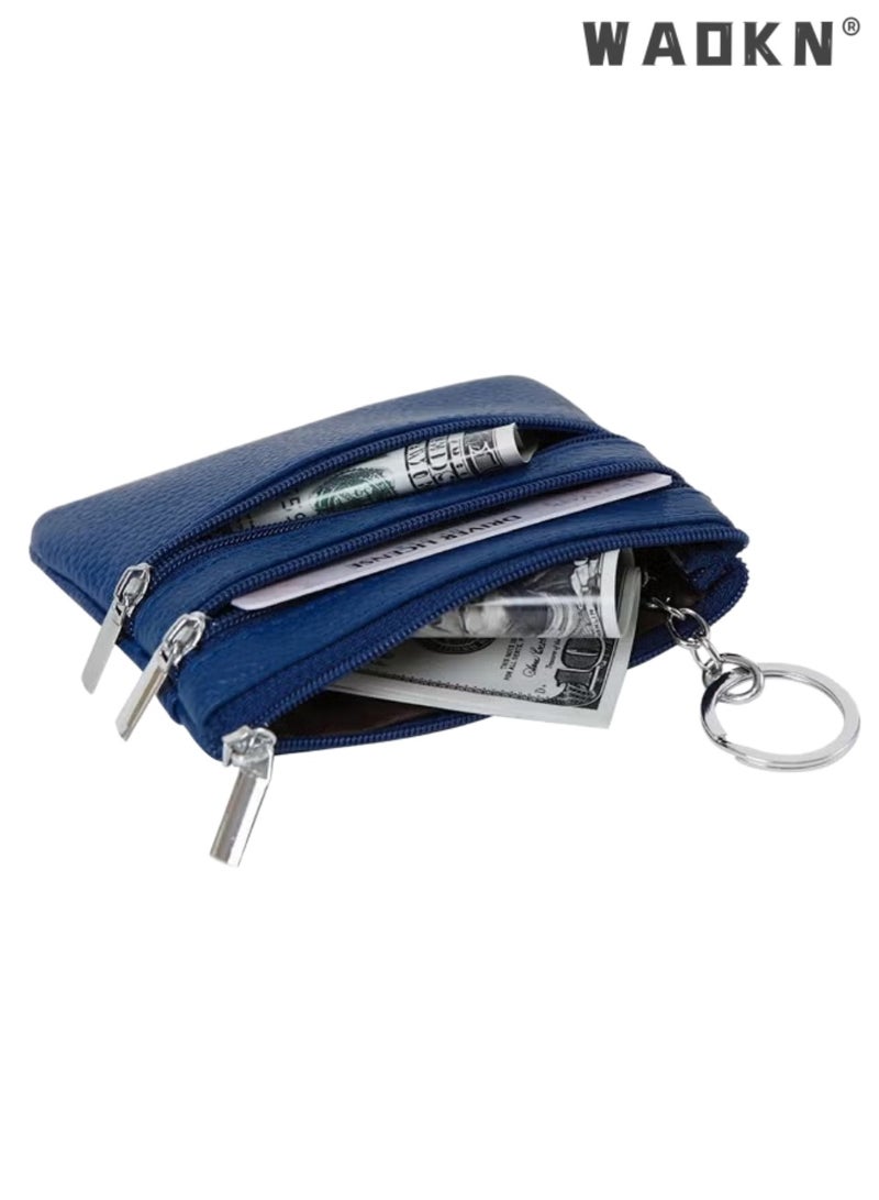 WAOKN Women Ladies Genuine Top Grain Cowhide Leather Mini Wallet, Unisex Zipper Coin Purse with Key Ring, Portable Slim 1-Fold Card Holder for Keys Credit Cards Driver License, Exquisite Stitching Urban Style, blue - Image 3