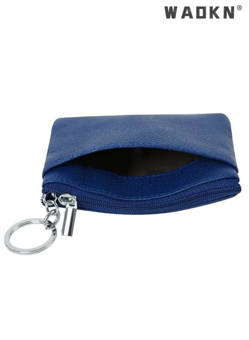 WAOKN Women Ladies Genuine Top Grain Cowhide Leather Mini Wallet, Unisex Zipper Coin Purse with Key Ring, Portable Slim 1-Fold Card Holder for Keys Credit Cards Driver License, Exquisite Stitching Urban Style, blue - Image 4