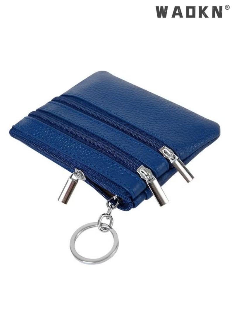 WAOKN Women Ladies Genuine Top Grain Cowhide Leather Mini Wallet, Unisex Zipper Coin Purse with Key Ring, Portable Slim 1-Fold Card Holder for Keys Credit Cards Driver License, Exquisite Stitching Urban Style, blue - Image 5