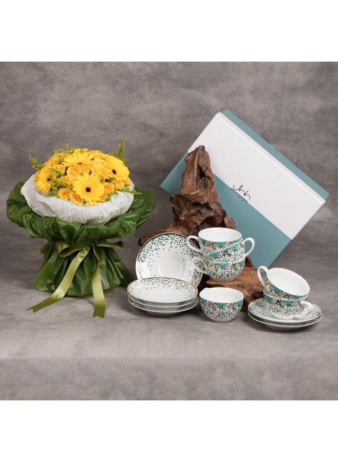 Ferns N Petals Gift Set Of 6 Mirrors Porcelain Teacups N Saucers Emerald With Fresh Flowers 