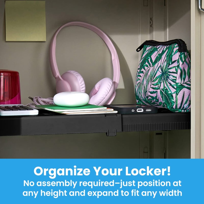 LockerMate Adjust-A-Shelf Locker Shelf, Extends to Fit Your Locker, Easy to Use, Perfect for School, Office, Gym, Black, 2-Pack - Image 2