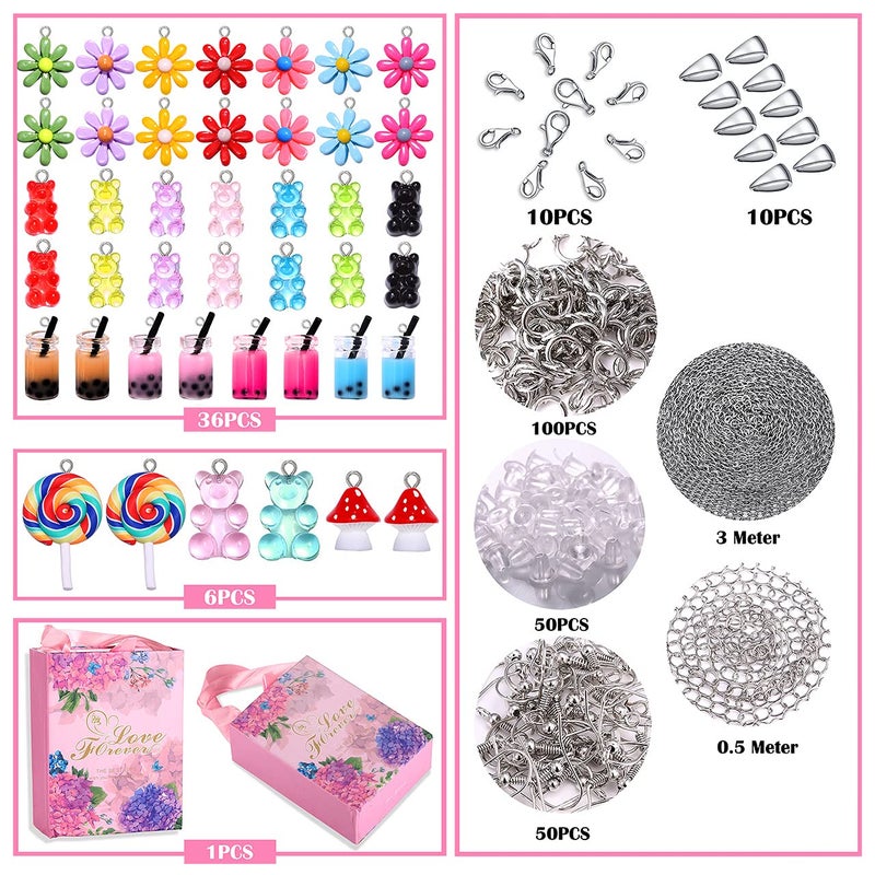 HSWE 263 PCS Charm Bracelet Making Kit,Colorful Gummy Candy Bear Milk Tea Lollipop Flower Pendant Charms Cute Funny Mushroom Earring Necklace DIY Jewelry Craft Making for Women - Image 2