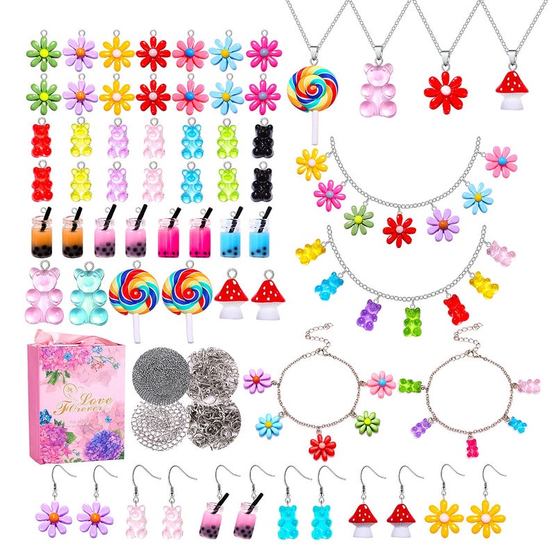 HSWE 263 PCS Charm Bracelet Making Kit,Colorful Gummy Candy Bear Milk Tea Lollipop Flower Pendant Charms Cute Funny Mushroom Earring Necklace DIY Jewelry Craft Making for Women - Image 1