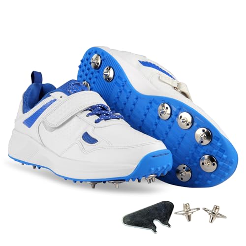 RXN Victor Bowling Metal Spike Cricket Shoes for Men & Women | Cricket Spike Shoes with Phylon Sole, TPU Outsole & Synthetic Leather Upper Comes with Extra Nails & Keys to Tighten (White Blue, 8) - Image 2