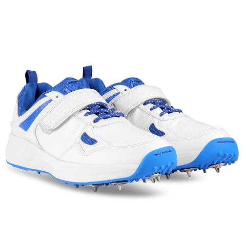 RXN Victor Bowling Metal Spike Cricket Shoes for Men & Women | Cricket Spike Shoes with Phylon Sole, TPU Outsole & Synthetic Leather Upper Comes with Extra Nails & Keys to Tighten (White Blue, 8) - Image 1