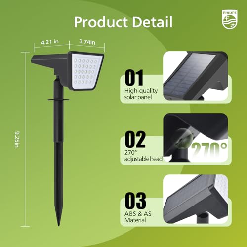 Philips 4 Packs Solar Spot Lights Outdoor Waterproof, 28 LED 7500K Solar Powered Landscape Pathway Lights, Dusk to Dawn Solar Spotlights for Garden, Yard, Lawn, Walkway, Driveway - Image 3
