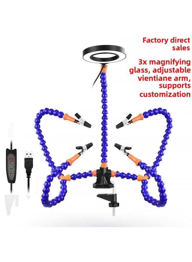 Magnifying Mirror Lamp Welding Table 3 Times USB Adjustable 4 Claw Table Welding PCB Clamp Flexible Arm Welding Tool With Lamp-Color:Blue Three-hole Five-arm Blue Plus Magnifying Mirror Lamp  - Image 2