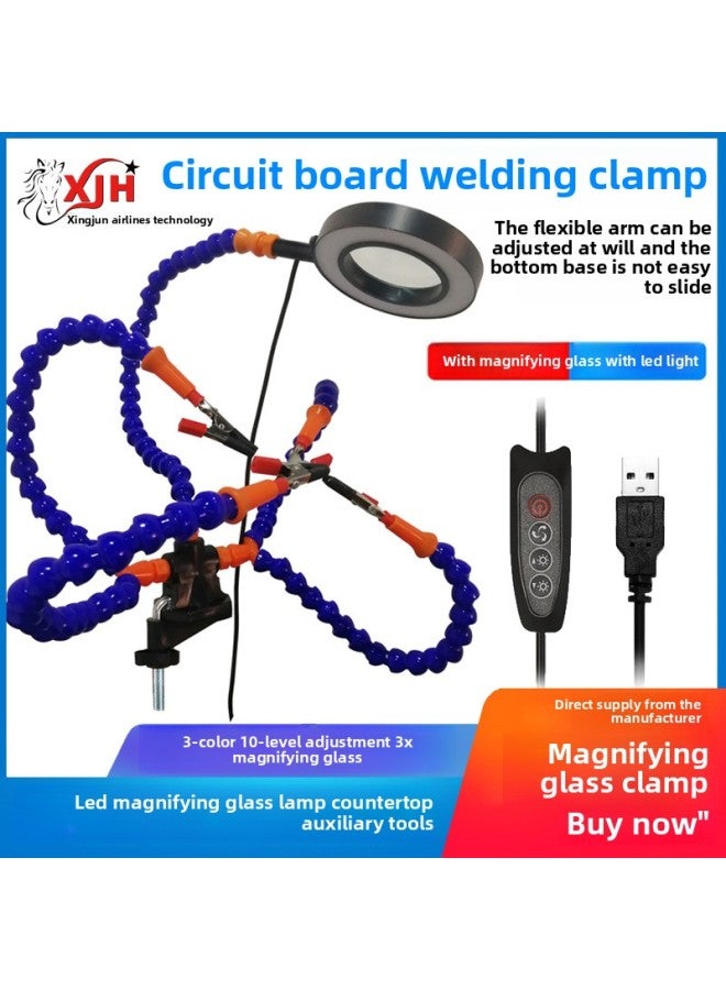 Magnifying Mirror Lamp Welding Table 3 Times USB Adjustable 4 Claw Table Welding PCB Clamp Flexible Arm Welding Tool With Lamp-Color:Blue Three-hole Five-arm Blue Plus Magnifying Mirror Lamp  - Image 4