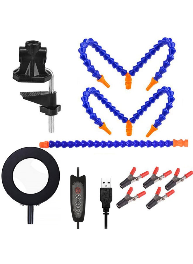 Magnifying Mirror Lamp Welding Table 3 Times USB Adjustable 4 Claw Table Welding PCB Clamp Flexible Arm Welding Tool With Lamp-Color:Blue Three-hole Five-arm Blue Plus Magnifying Mirror Lamp  - Image 1