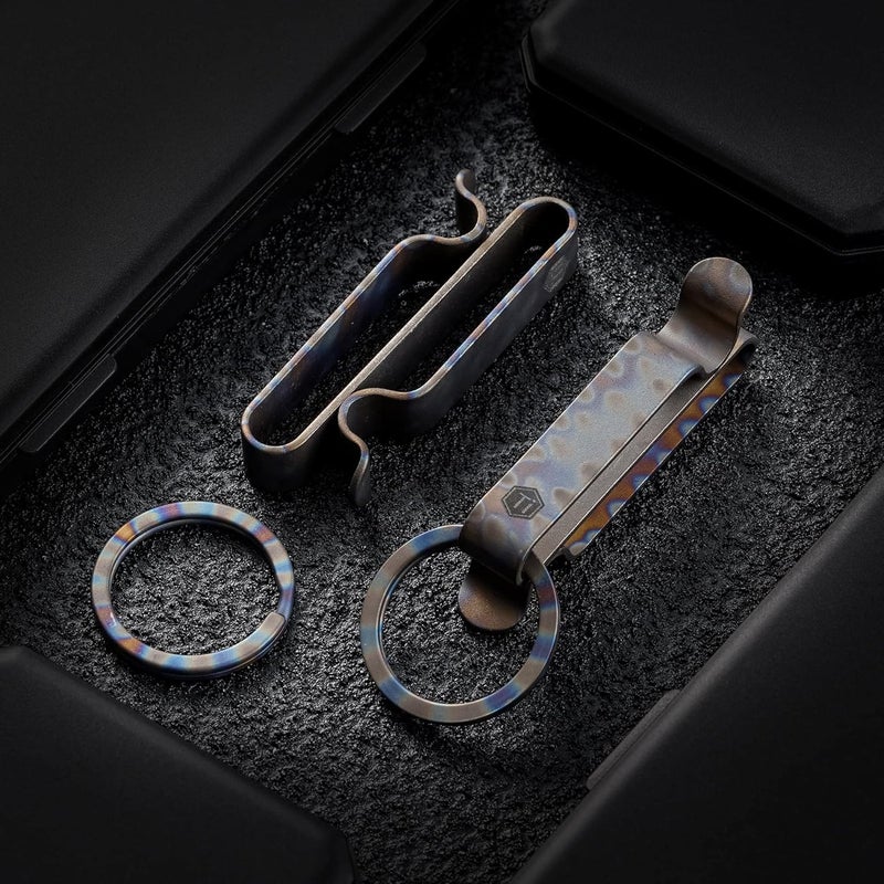 KeyUnity KM00 Titanium Belt Loop Keychain Clip Double Sided Quick Release Key Holder with Removable Key Ring (Handmade Flame) - Image 2
