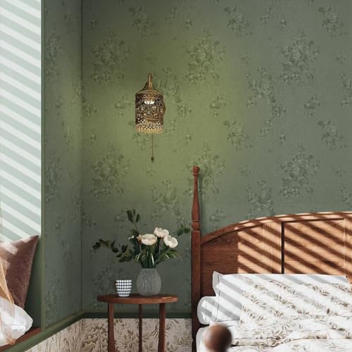 lenify Green Flower Wallpaper Stick and Peel 17.7inch x 118.1inch Embossed Floral Stick Peel Contact Paper Solid Pure Waterproof Green Self Adhesive Wallpaper Flower Removable Shelf Vinyl Roll - Image 3
