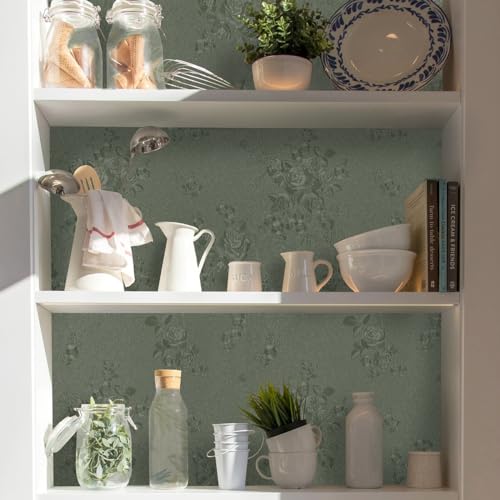 lenify Green Flower Wallpaper Stick and Peel 17.7inch x 118.1inch Embossed Floral Stick Peel Contact Paper Solid Pure Waterproof Green Self Adhesive Wallpaper Flower Removable Shelf Vinyl Roll - Image 5