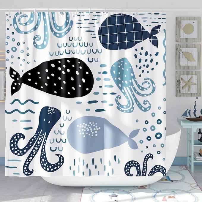 BLUE WHALE SHOWER CURTAIN SET COOL FUNNY OCEAN CARTOON SHOWER CURTAINS FOR BATHROOM CUTE KIDS BATHROOM DECOR POLYESTER FABRIC72 X 72