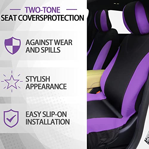 Woanger 47 Car Seat Cover Full Set for Women Included Car Front Rear Seat Fluffy Steering Wheel Cover Belt Automotive Floor Mats Air Conditioner Decoration Strip Universal(Purple Black) - Image 3