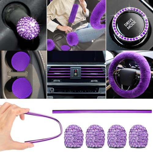 Woanger 47 Car Seat Cover Full Set for Women Included Car Front Rear Seat Fluffy Steering Wheel Cover Belt Automotive Floor Mats Air Conditioner Decoration Strip Universal(Purple Black) - Image 4