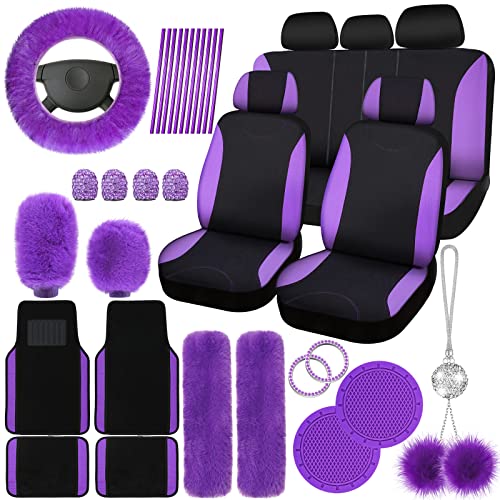 Woanger 47 Car Seat Cover Full Set for Women Included Car Front Rear Seat Fluffy Steering Wheel Cover Belt Automotive Floor Mats Air Conditioner Decoration Strip Universal(Purple Black) - Image 1