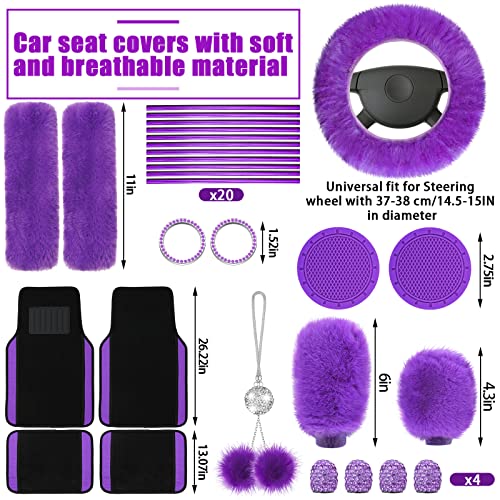 Woanger 47 Car Seat Cover Full Set for Women Included Car Front Rear Seat Fluffy Steering Wheel Cover Belt Automotive Floor Mats Air Conditioner Decoration Strip Universal(Purple Black) - Image 5