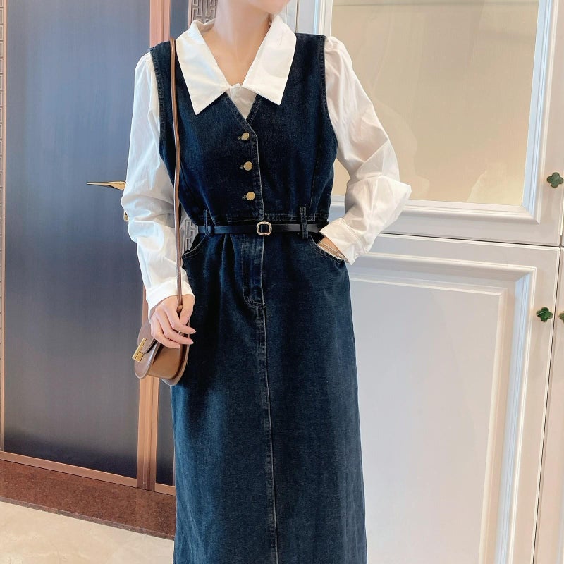 Suspenders Dress Set Denim Vest Skirt Autumn Casual Two-piece A set of * 5122 [white shirt denim skirt (with belt)]]