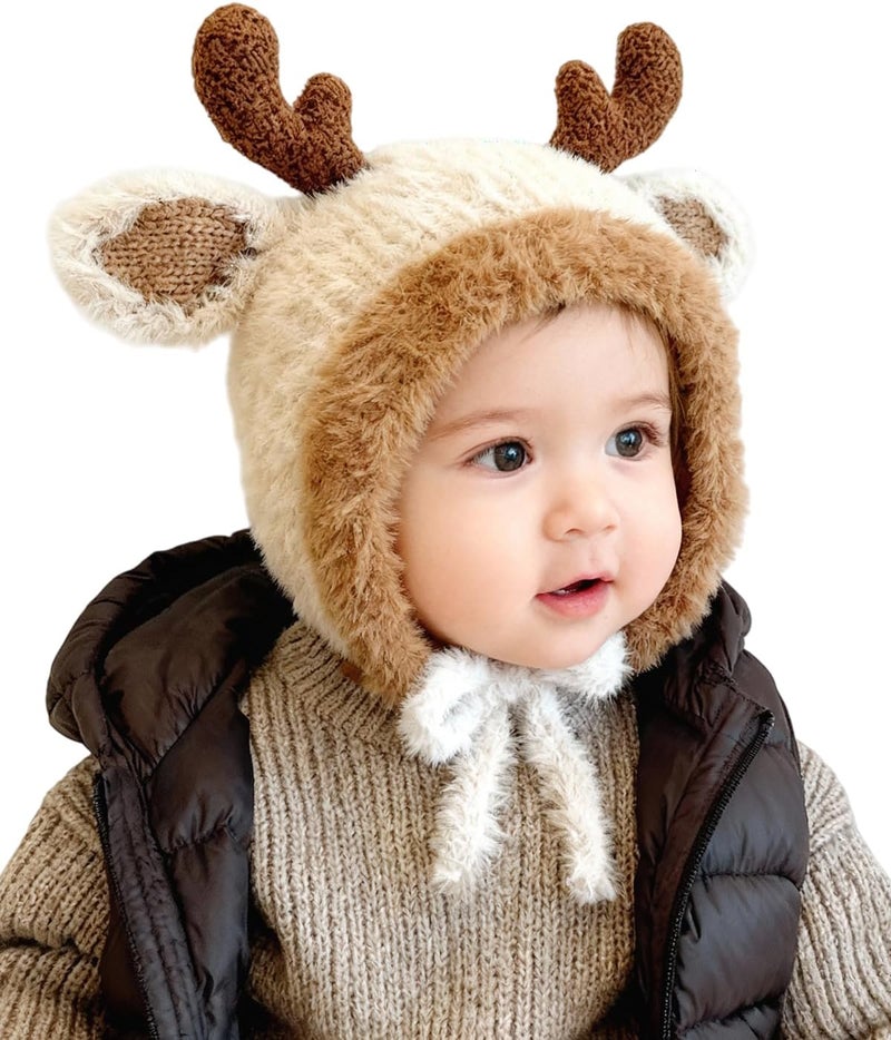 leomoste Baby Beanie Hat Cute Antlers Reindeer Crochet Knitted Hat Winter Warm Cap for Toddler Boys Girls - Image 3