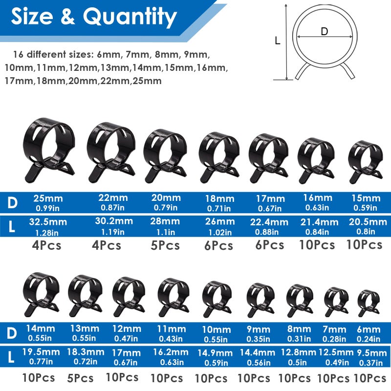 Tnisesm 132Pcs 6-25MM Spring Hose Clamps With Hose Clamp Pliers, Black Small Hose Clamps Automotive Fuel Hose Clamp Silicone Vacuum Hose Pipe Low Pressure Air Clip Clamp - Image 2