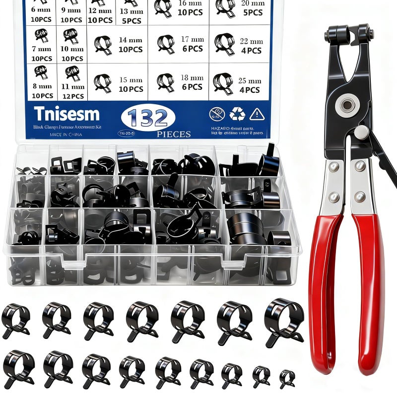 Tnisesm 132Pcs 6-25MM Spring Hose Clamps With Hose Clamp Pliers, Black Small Hose Clamps Automotive Fuel Hose Clamp Silicone Vacuum Hose Pipe Low Pressure Air Clip Clamp - Image 1