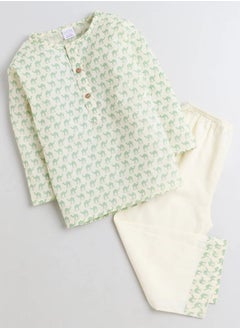 Polka Tots Polka Tots Full Sleeves Night Wear Camel Kurta Pyjama - Green  - Image 1