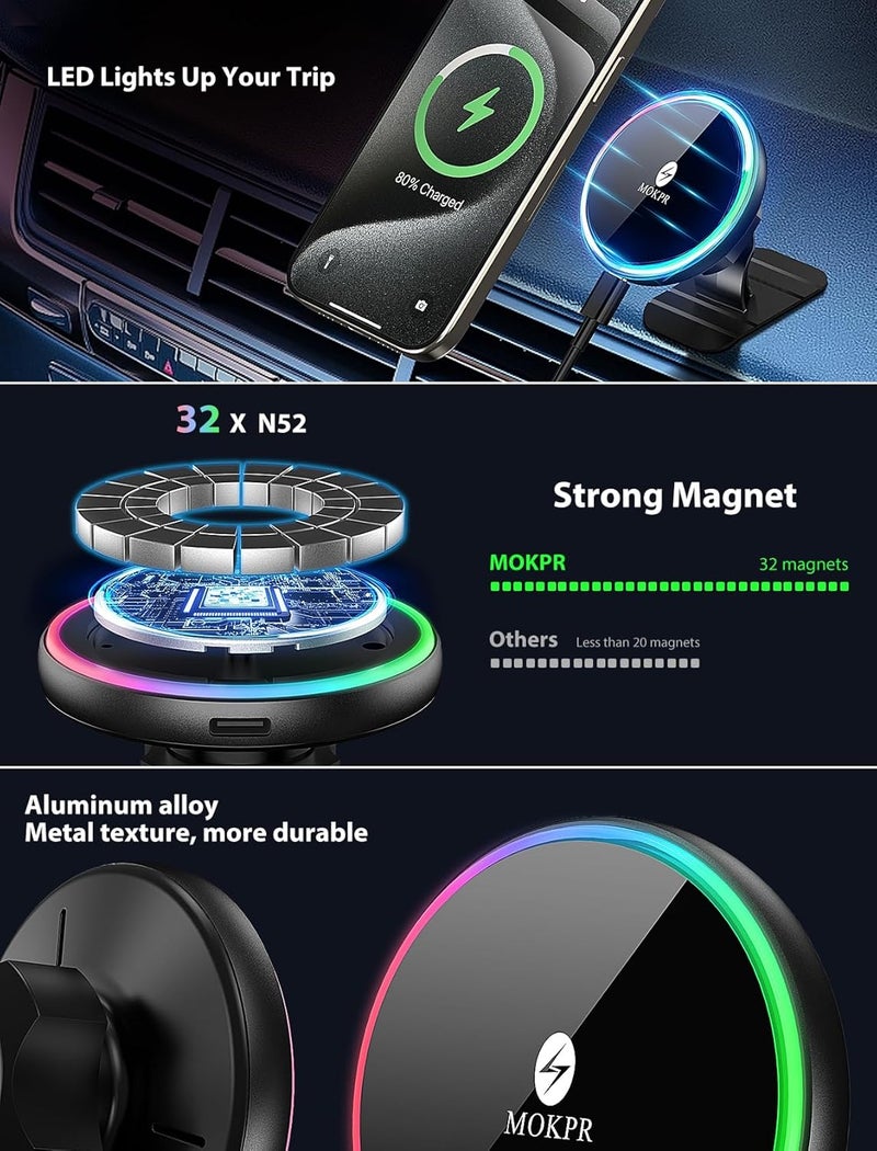MOKPR for Magsafe Car Mount Charger-15W Wireless Car Charger-Magnetic Car Phone Holder for Dash Air Vent-LED RGB HandsFree Car Mount Fast Car Charger for iPhone 14/13/12 Series - Image 3