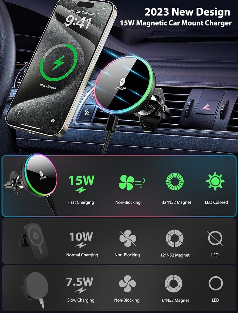 MOKPR for Magsafe Car Mount Charger-15W Wireless Car Charger-Magnetic Car Phone Holder for Dash Air Vent-LED RGB HandsFree Car Mount Fast Car Charger for iPhone 14/13/12 Series - Image 4