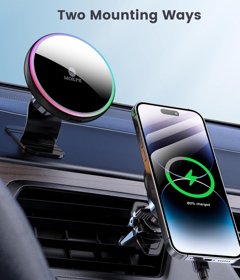 MOKPR for Magsafe Car Mount Charger-15W Wireless Car Charger-Magnetic Car Phone Holder for Dash Air Vent-LED RGB HandsFree Car Mount Fast Car Charger for iPhone 14/13/12 Series - Image 2