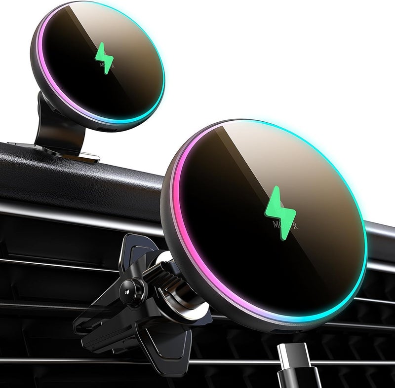 MOKPR for Magsafe Car Mount Charger-15W Wireless Car Charger-Magnetic Car Phone Holder for Dash Air Vent-LED RGB HandsFree Car Mount Fast Car Charger for iPhone 14/13/12 Series - Image 1
