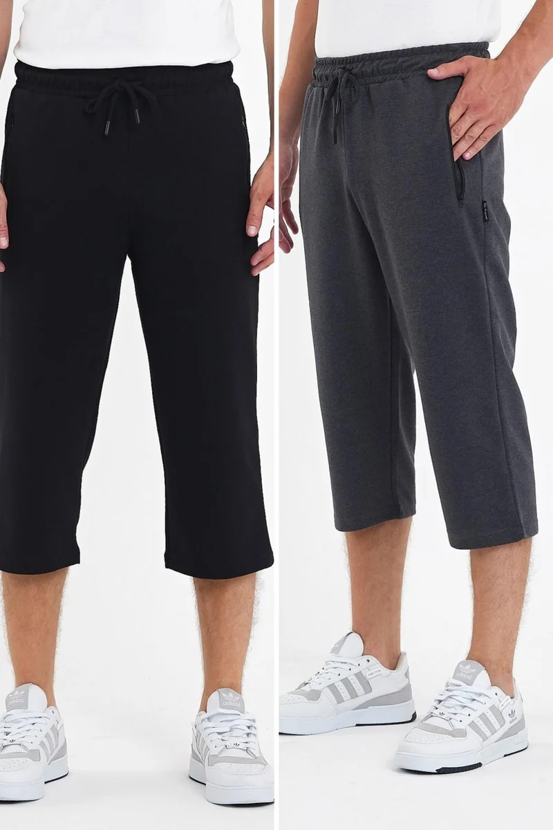 mmetalic Men's 2-Pack Zippered Pockets Black-Anthracite Bermuda Knee-Length Capri Pants Adjustable Elastic Waist Long MTLCE94